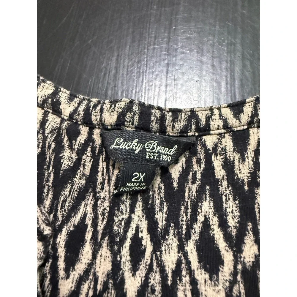 Lucky Brand Womens 2X Black Tan Geometric Diamond Ikat Print Long Sleeve Blouse